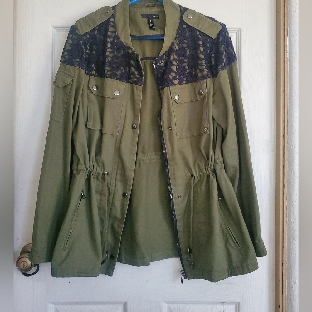 Aqua Olive Green Women's UtilityJacket with Lace Detail, Size Medium